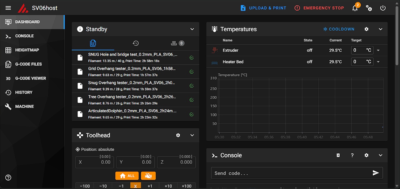 Mainsail dashboard used to manage the SV06 printer
